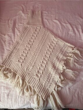 Cost Plus World Market Cream Knit Fringe Poncho